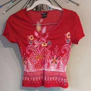 Y2K Guess Jeans Semi Sheer Red V neck Top Small Stretch Printed Floral Depop Vtg